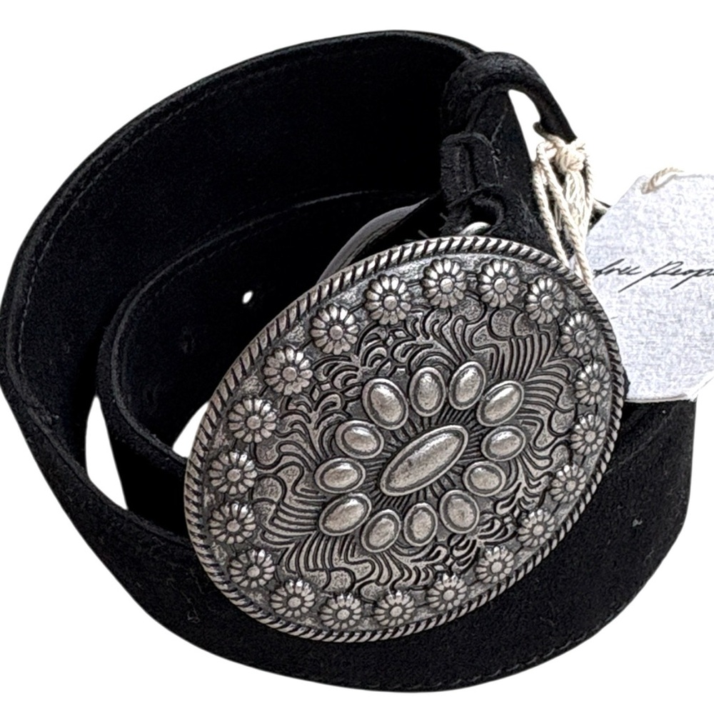 Free People Black Suede Belt with Ornate Silver Concho Buckle